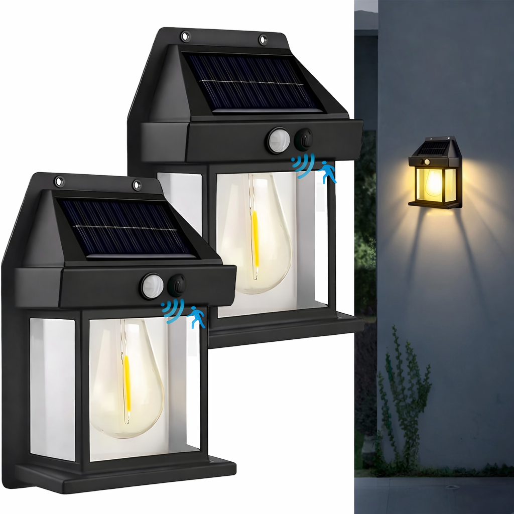 Solar-powered outdoor wall lights with a clear bulb inside, one of which is shown illuminated on a wall.