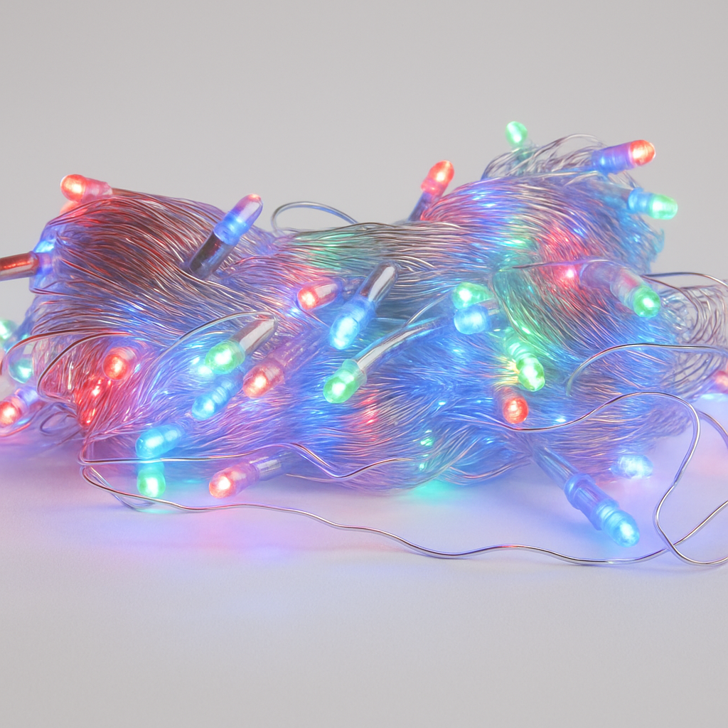 Multi-color LED décor curtain lights for festive interiors.