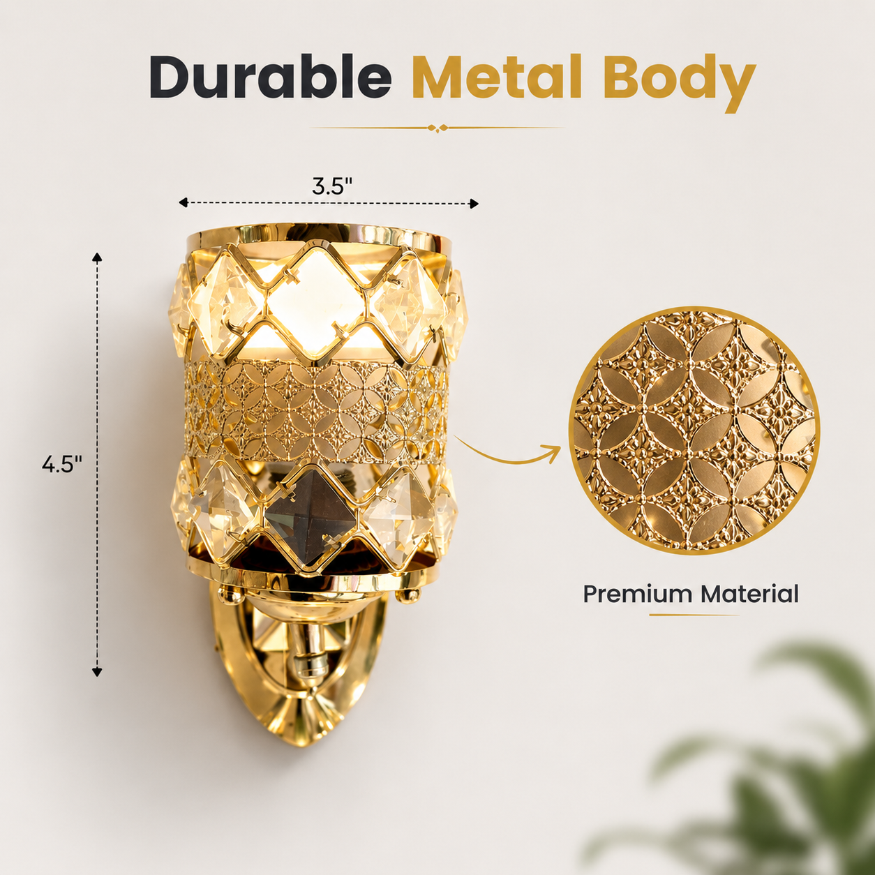 Gold wall sconce with detailed design, measurements, and material information on a white background.