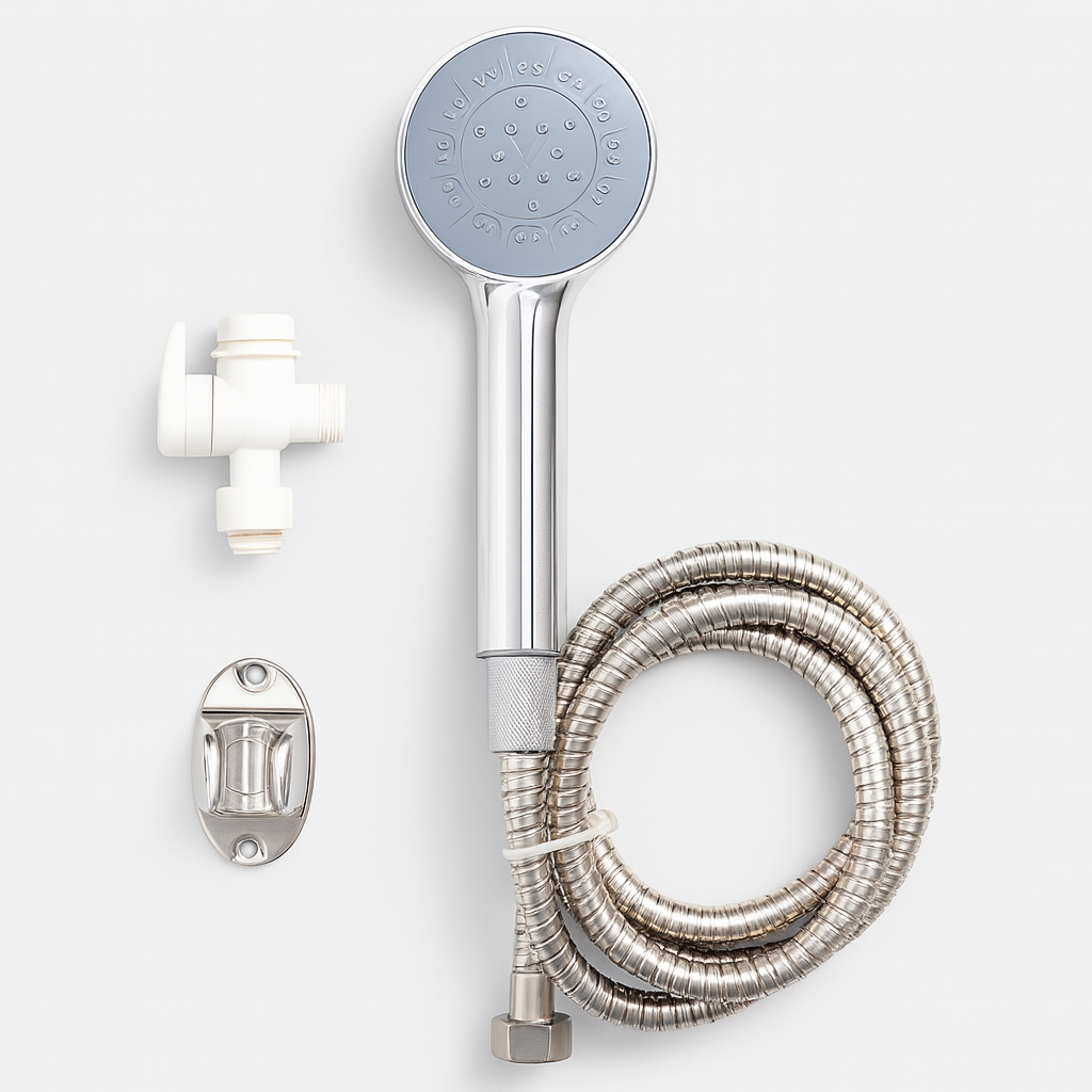 Shower head with hose and accessories on a white background