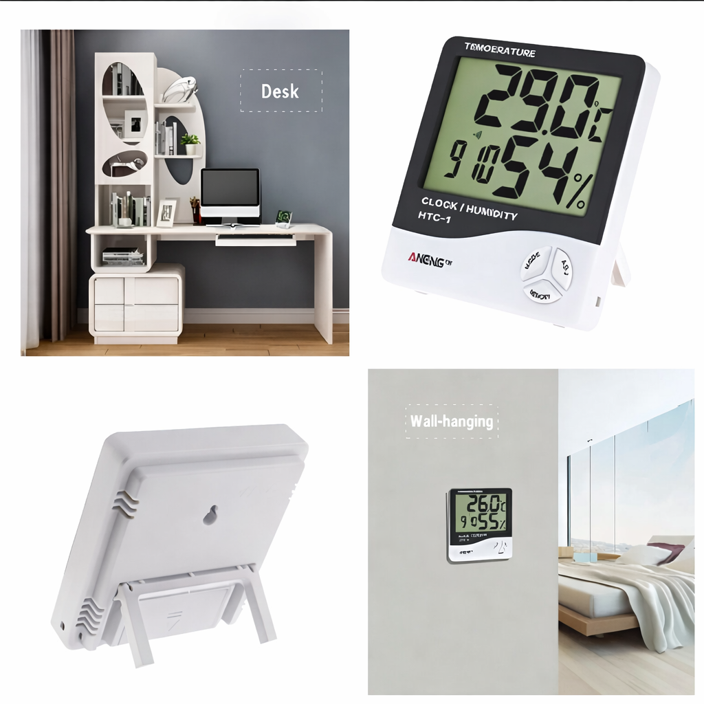Collage of a desk setup, digital thermometer, and wall-mounted thermometer.