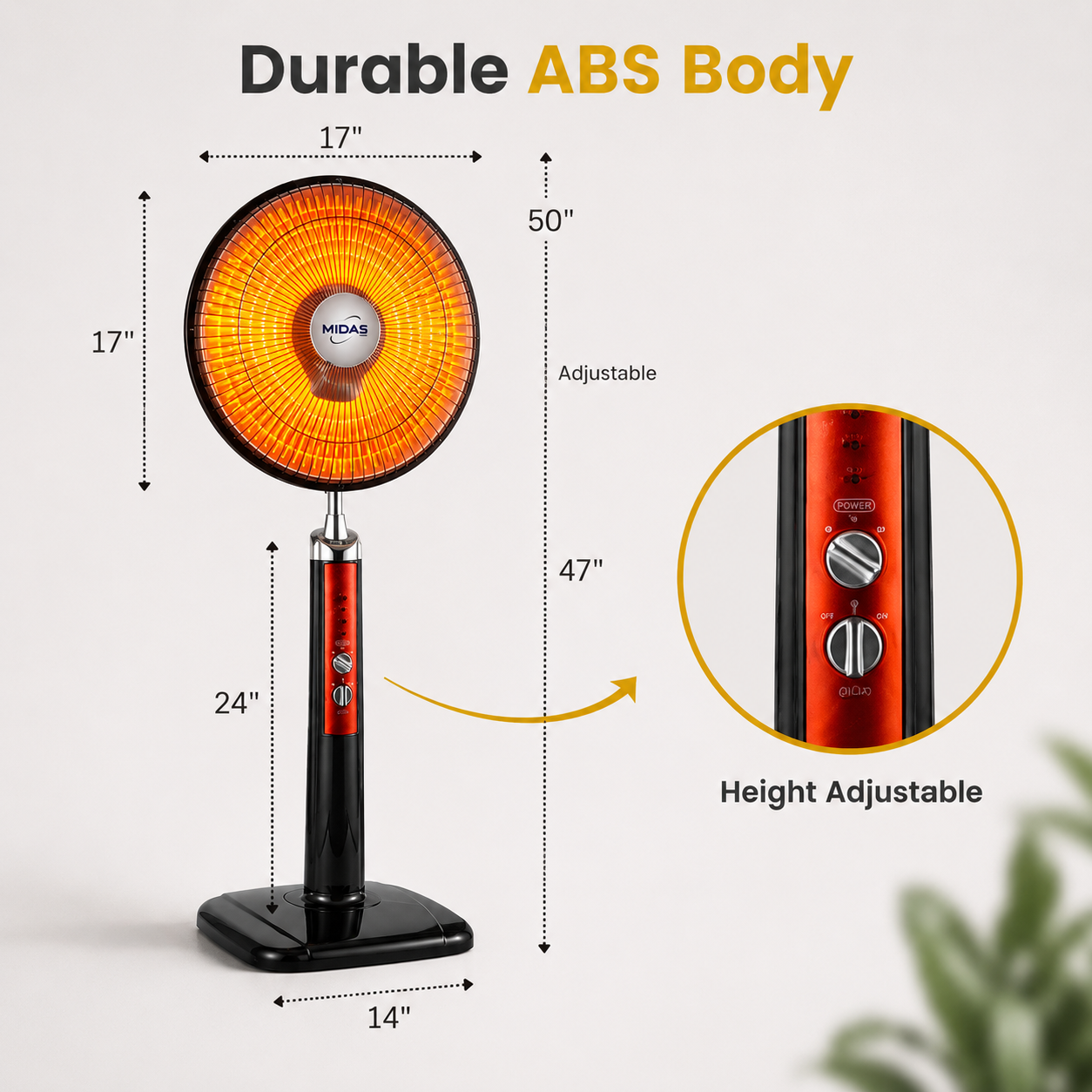 Portable heater with dimensions and adjustable feature highlighted on a white background