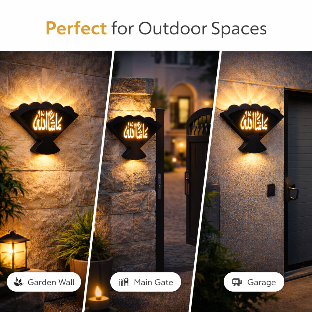 Decorative outdoor wall lights shown in garden, main gate, and garage settings.
