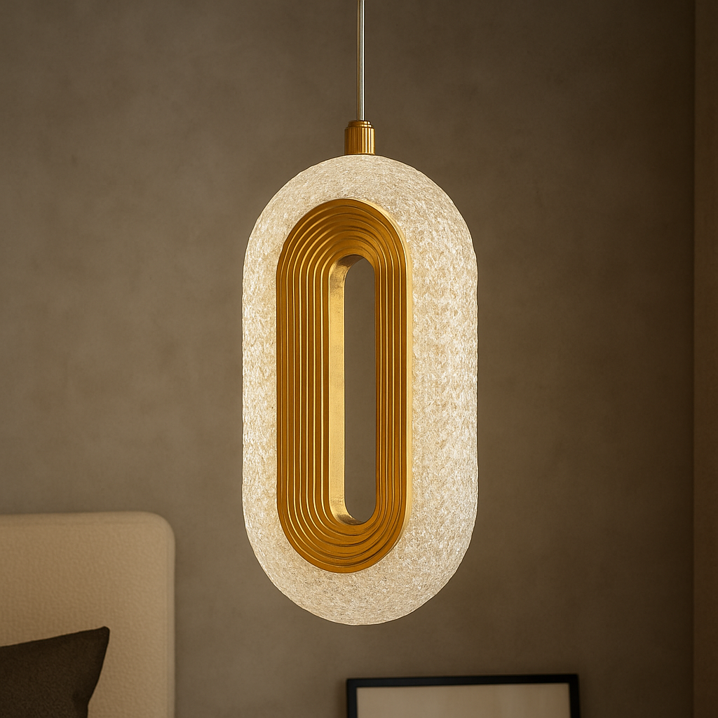 Decorative pendant light with gold interior and textured white exterior on a brown wall.