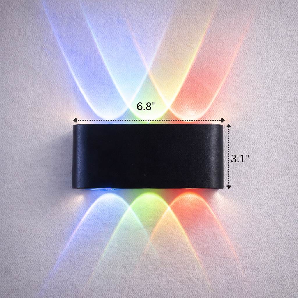 Wall-mounted light fixture with colorful beams and measurements on a white wall.