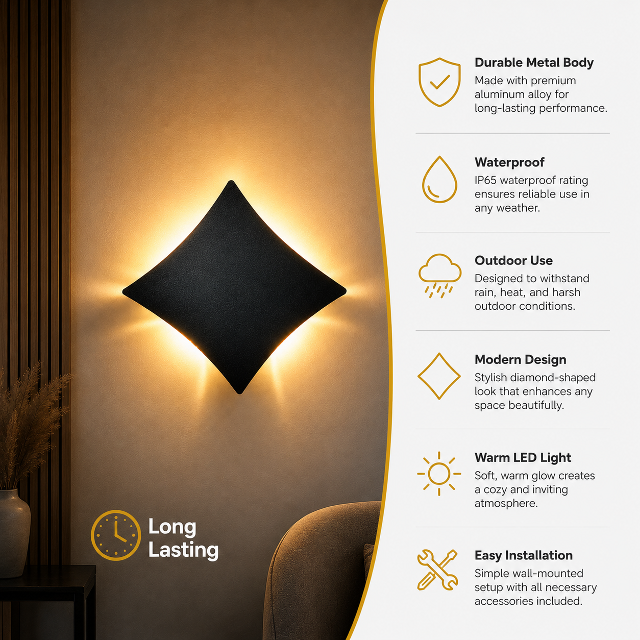 Wall-mounted outdoor light fixture with features listed on the right