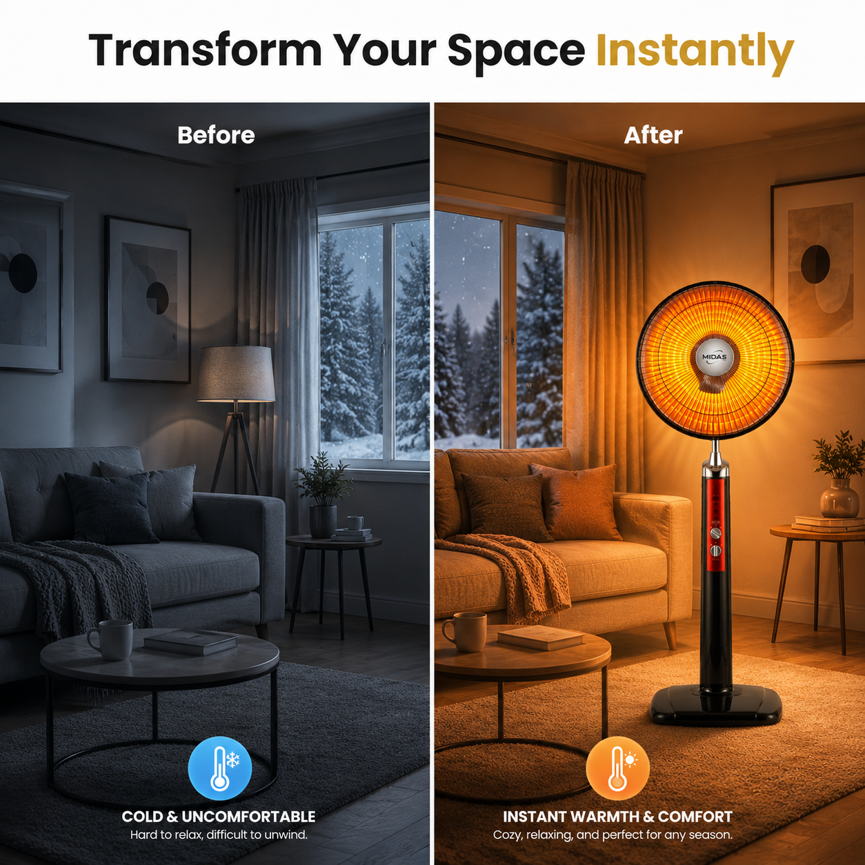 Before and after comparison of a living room with a heater lamp.