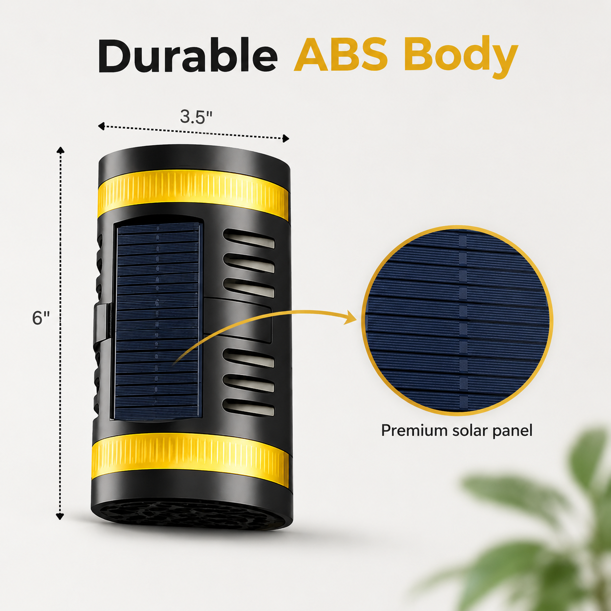 Black and yellow solar-powered device with measurements and a close-up of the solar panel on a white background.