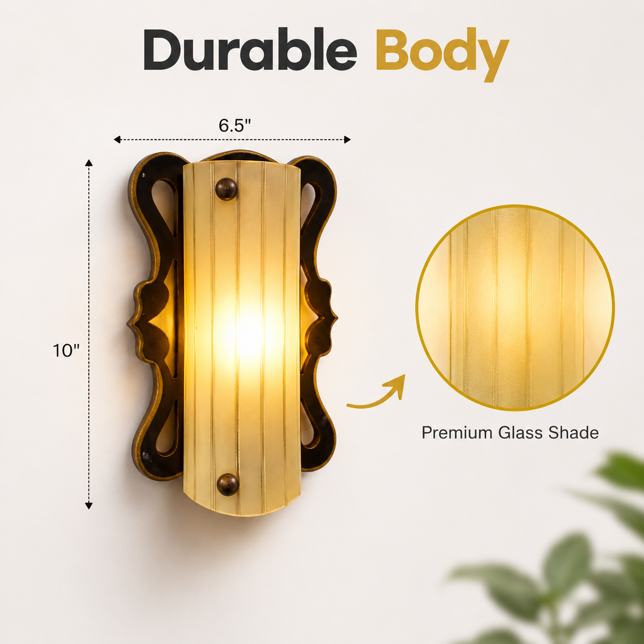 Wall sconce with dimensions and premium glass shade feature on a white background