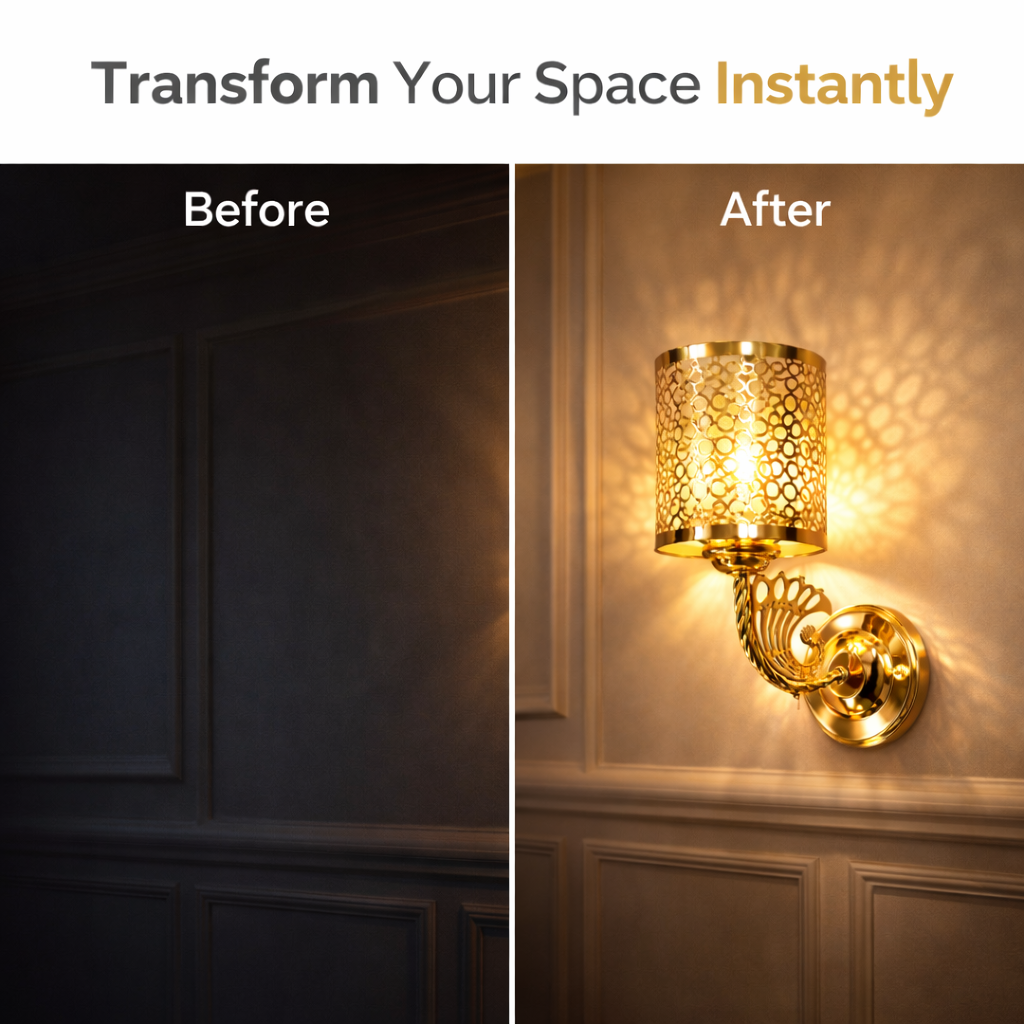 luxury gold wall light fixture close-up showing intricate shade design