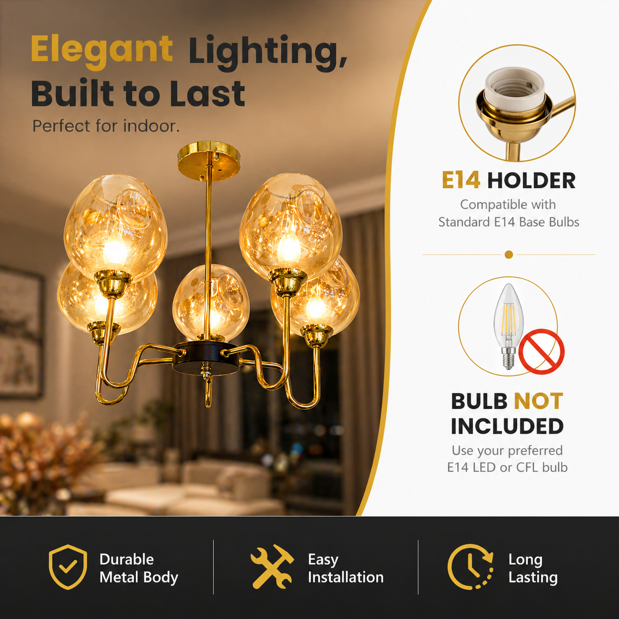 Chandelier with E14 holder and bulb compatibility information on a blurred indoor background