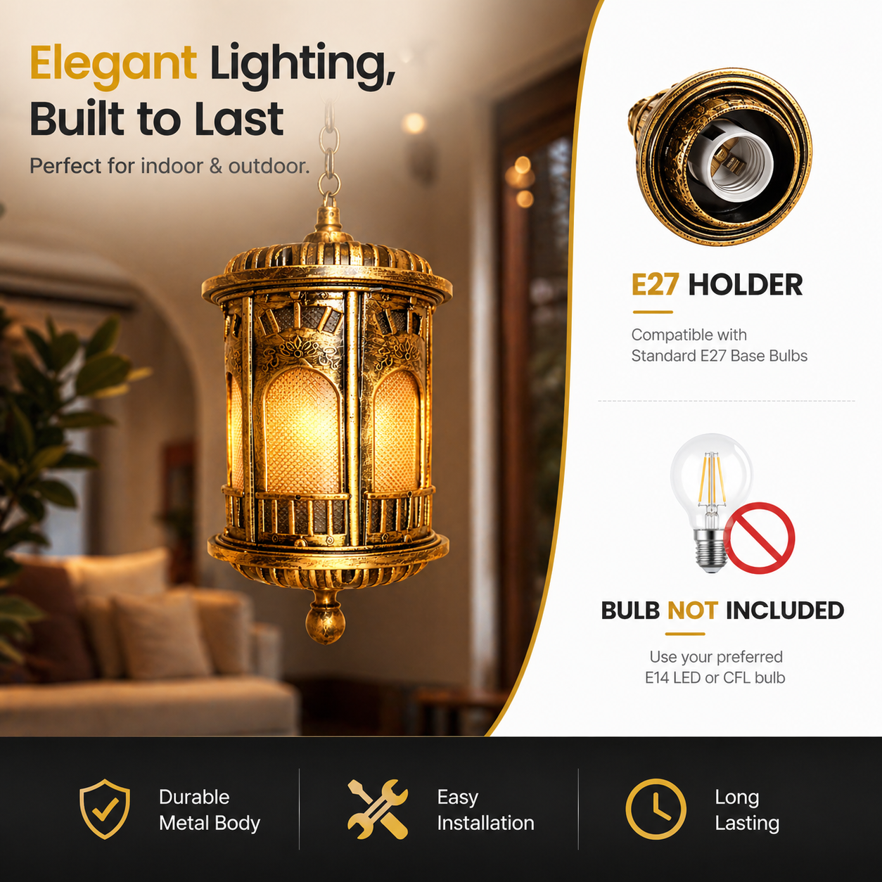 Decorative gold pendant light with product details on a blurred indoor background