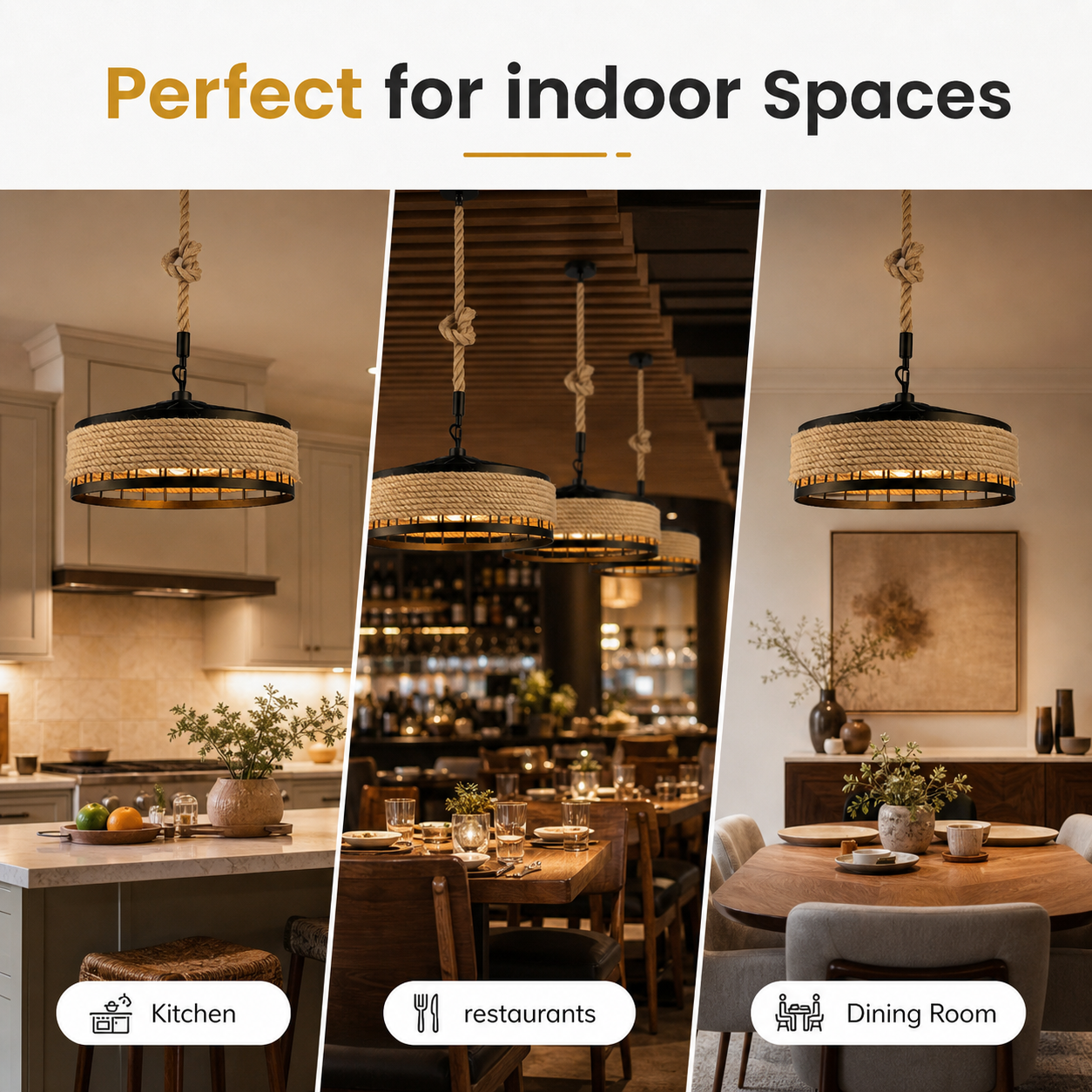 industrial rope chandelier with metal frame warm ambient lighting