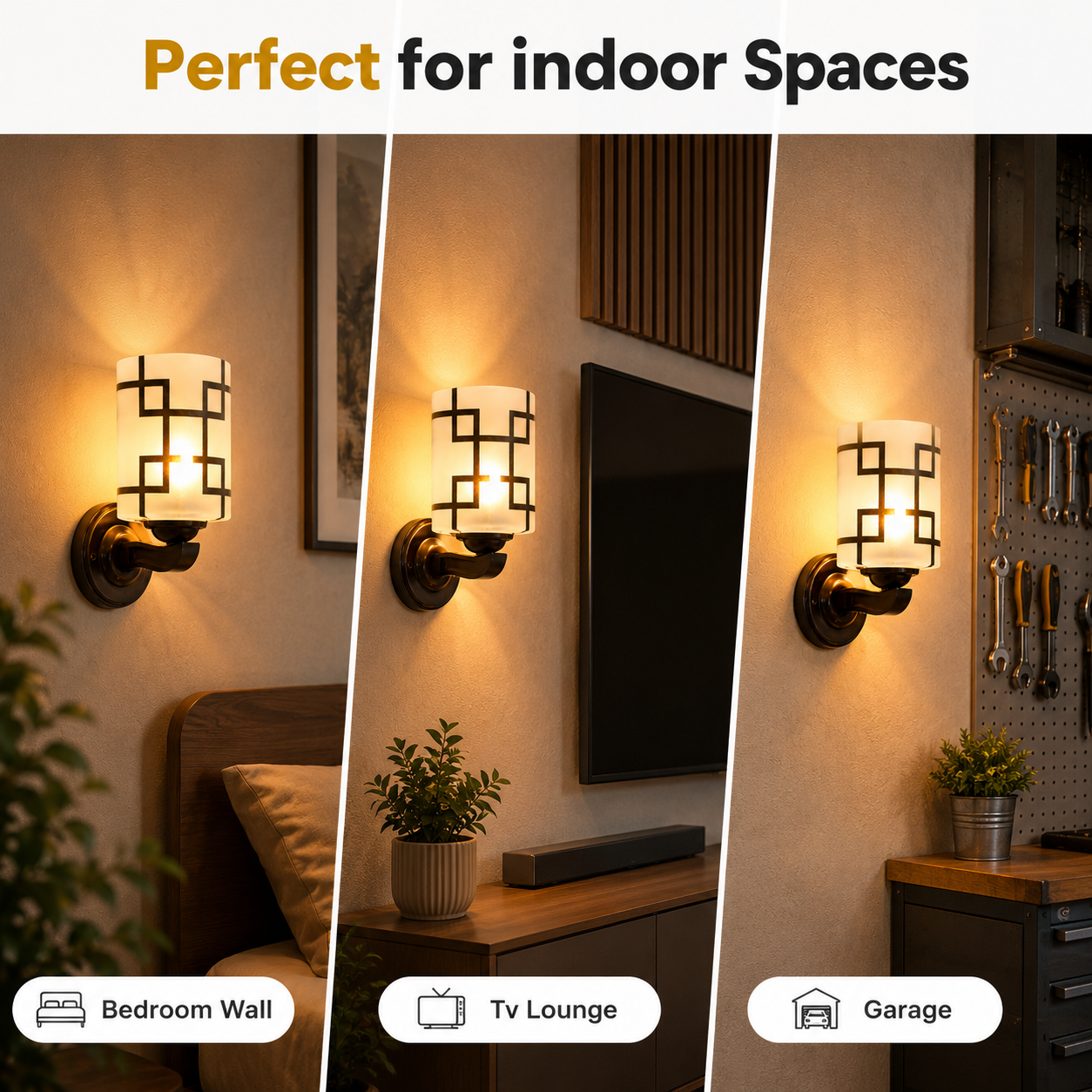Wall-mounted light fixture shown in various indoor settings like bedroom, TV lounge, and garage.