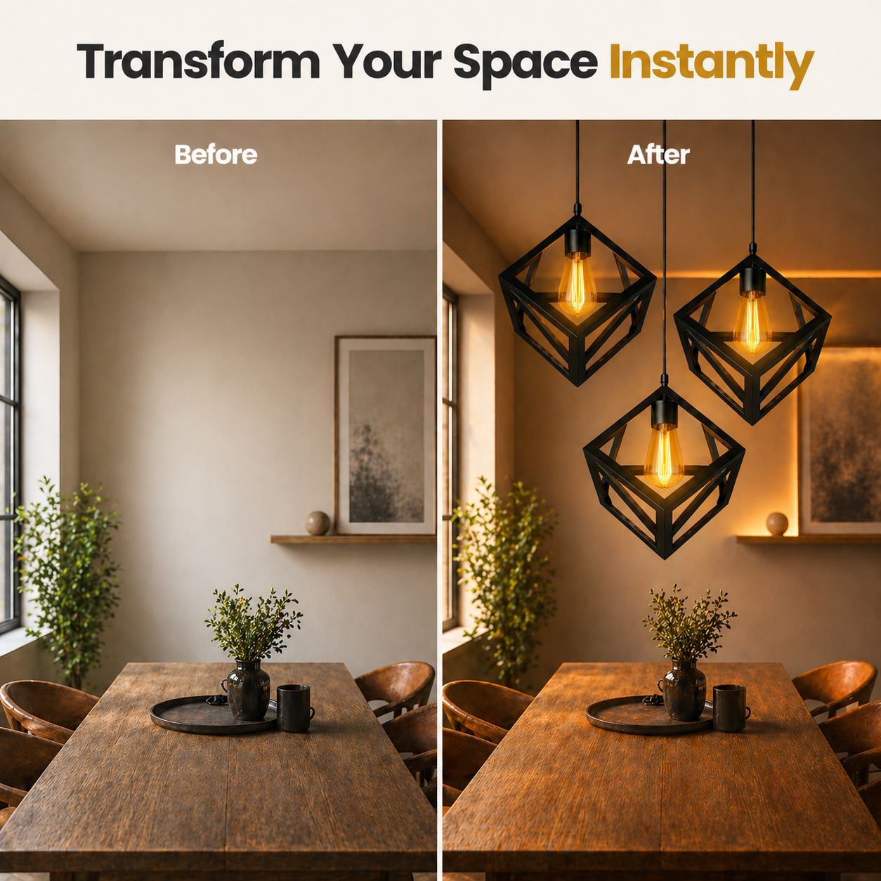 Before and after comparison of a dining room with new pendant lights.