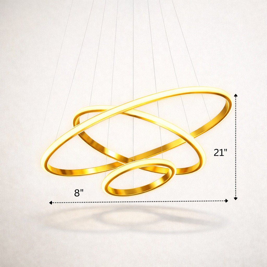 Gold circular pendant light with measurements on a white background