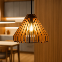 Wooden pendant light hanging in a softly lit room with tables and chairs.