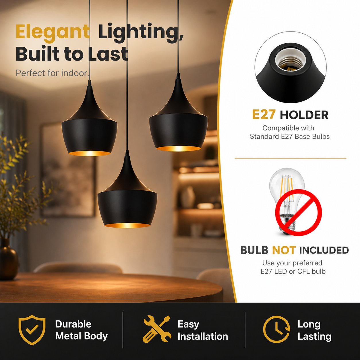 Black pendant lights with E27 holder and bulb compatibility information in a home setting.