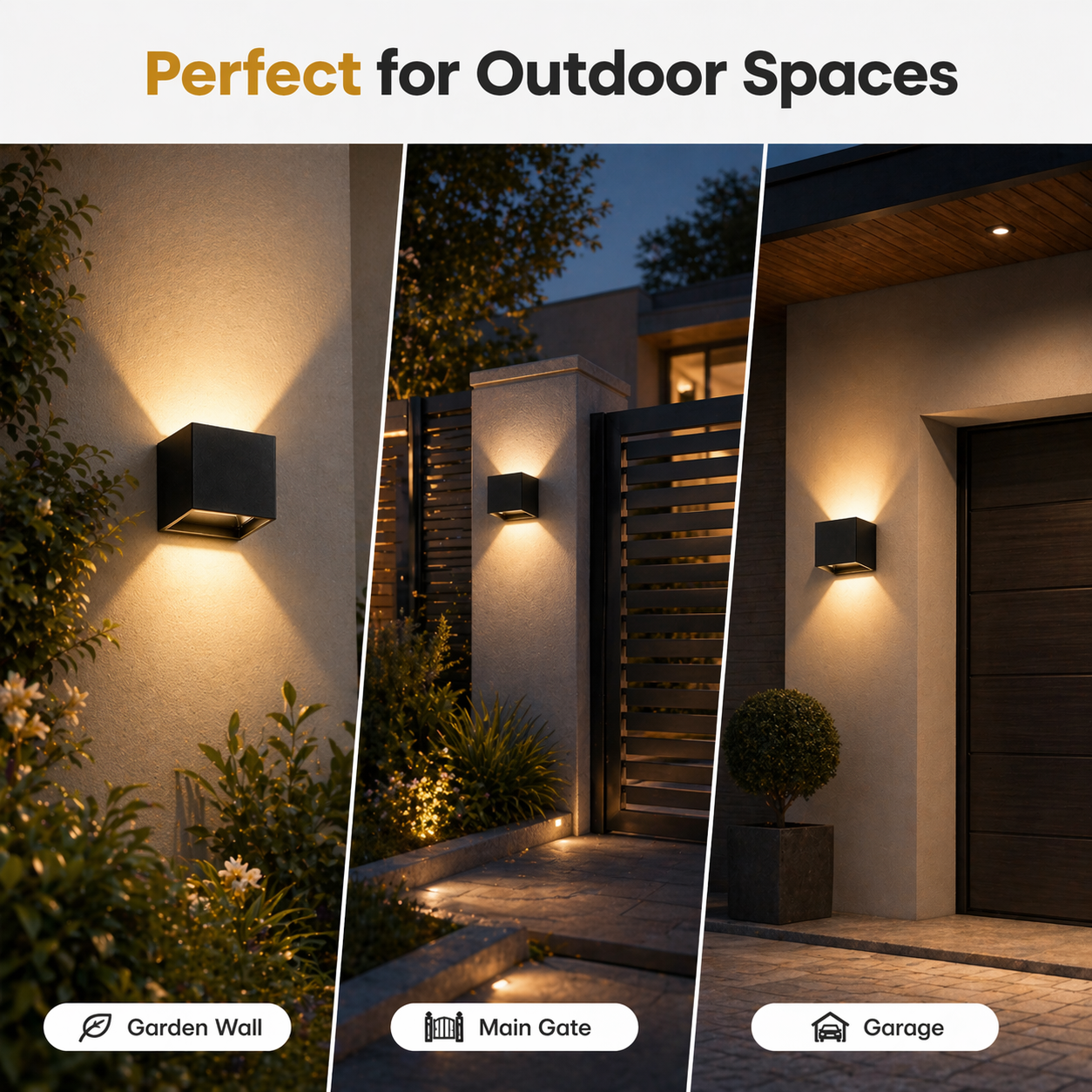 Outdoor wall lights shown in garden, main gate, and garage settings with 'Perfect for Outdoor Spaces' text.