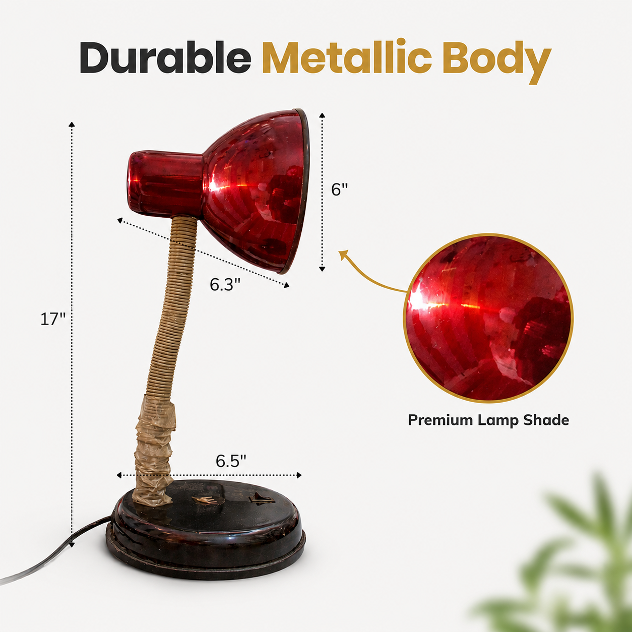 Red lamp with measurements and details on a white background