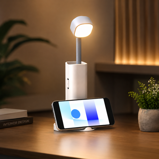 Smartphone displaying an app on a stand with a lamp in the background