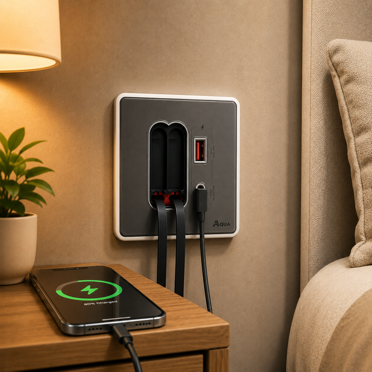 Wall socket with multiple outlets and a phone charging on a nightstand.