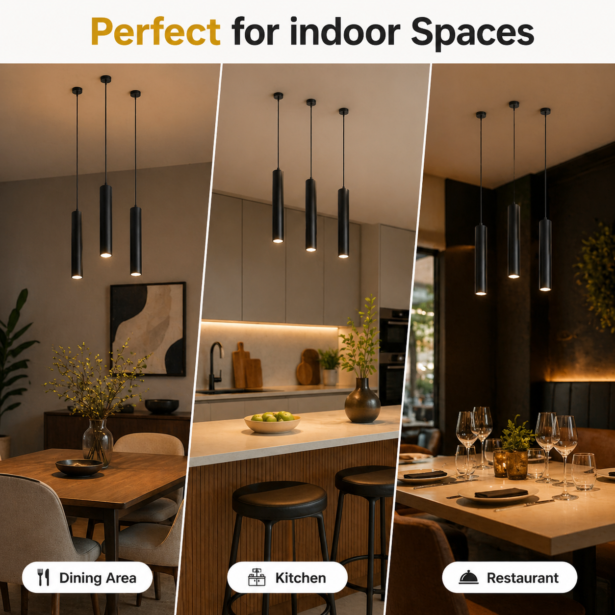 Collage of pendant lights in a dining area, kitchen, and restaurant setting with text 'Perfect for indoor Spaces'.