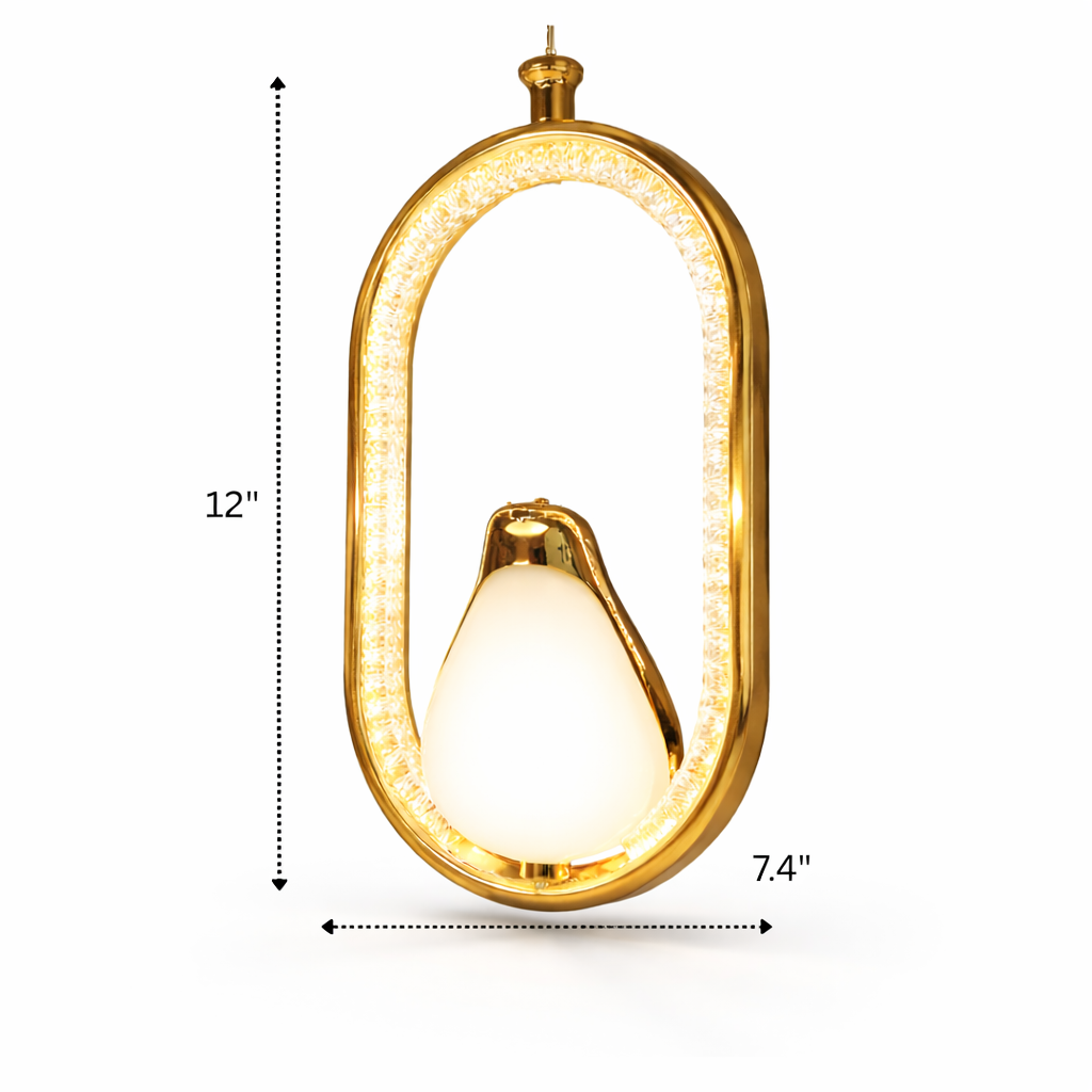 Gold pendant light with measurements on a white background