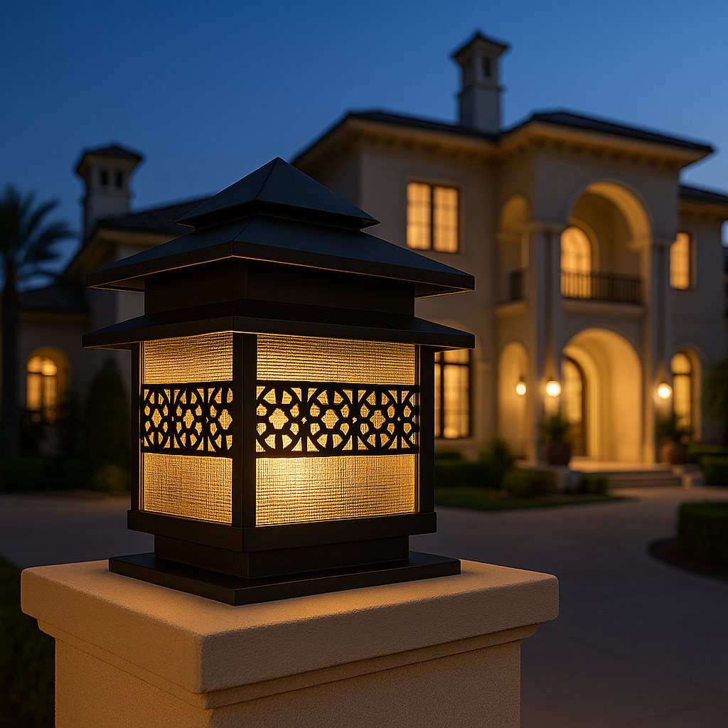 Decorative outdoor lamp with a mansion in the background at night
