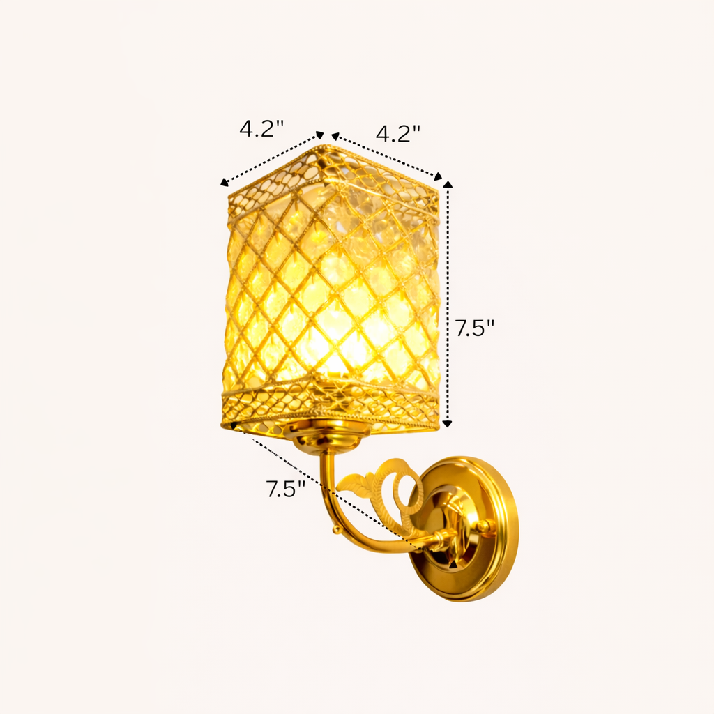 Gold wall sconce with dimensions labeled on a white background