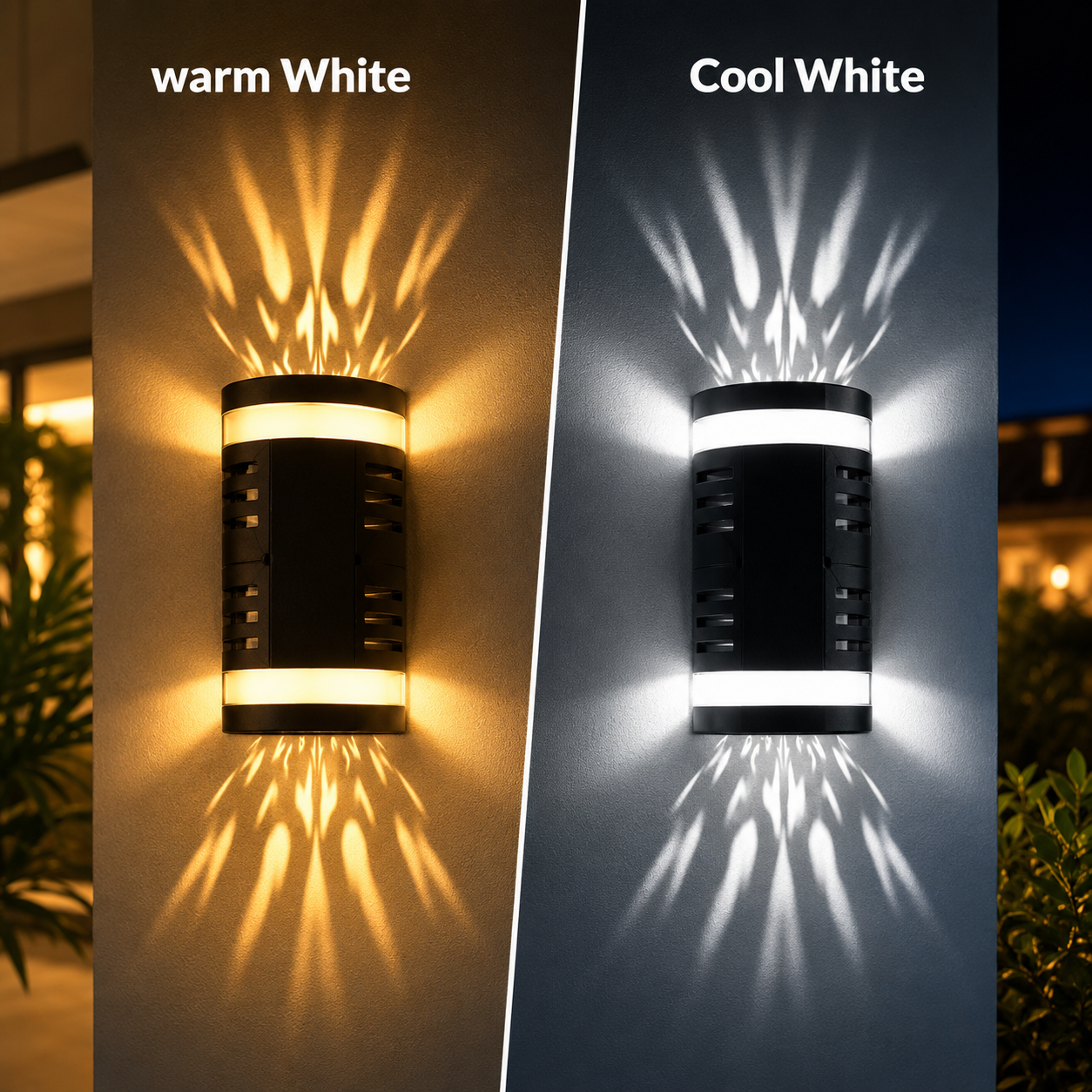 Two wall lights emitting warm and cool white light on a dark background.