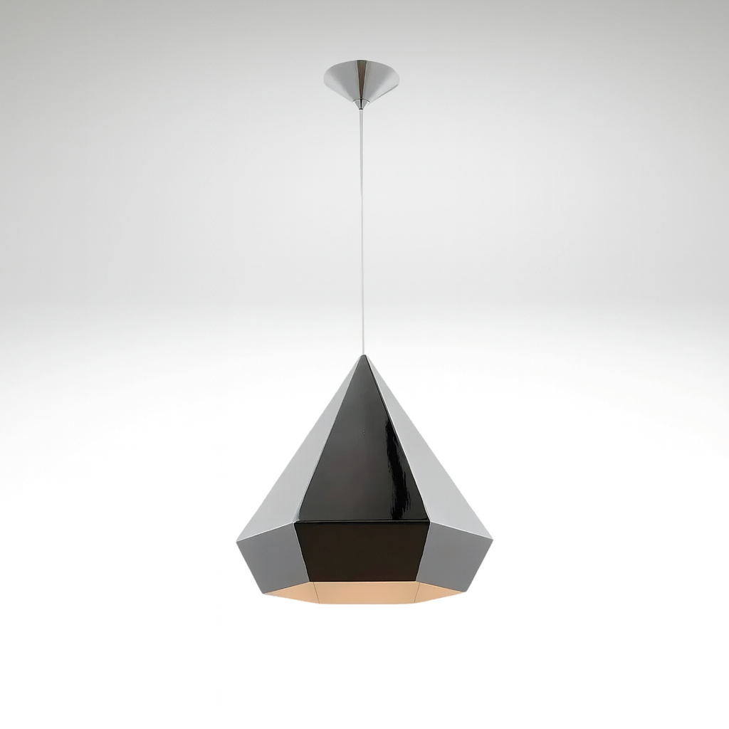 Modern pendant light with geometric design on a white background