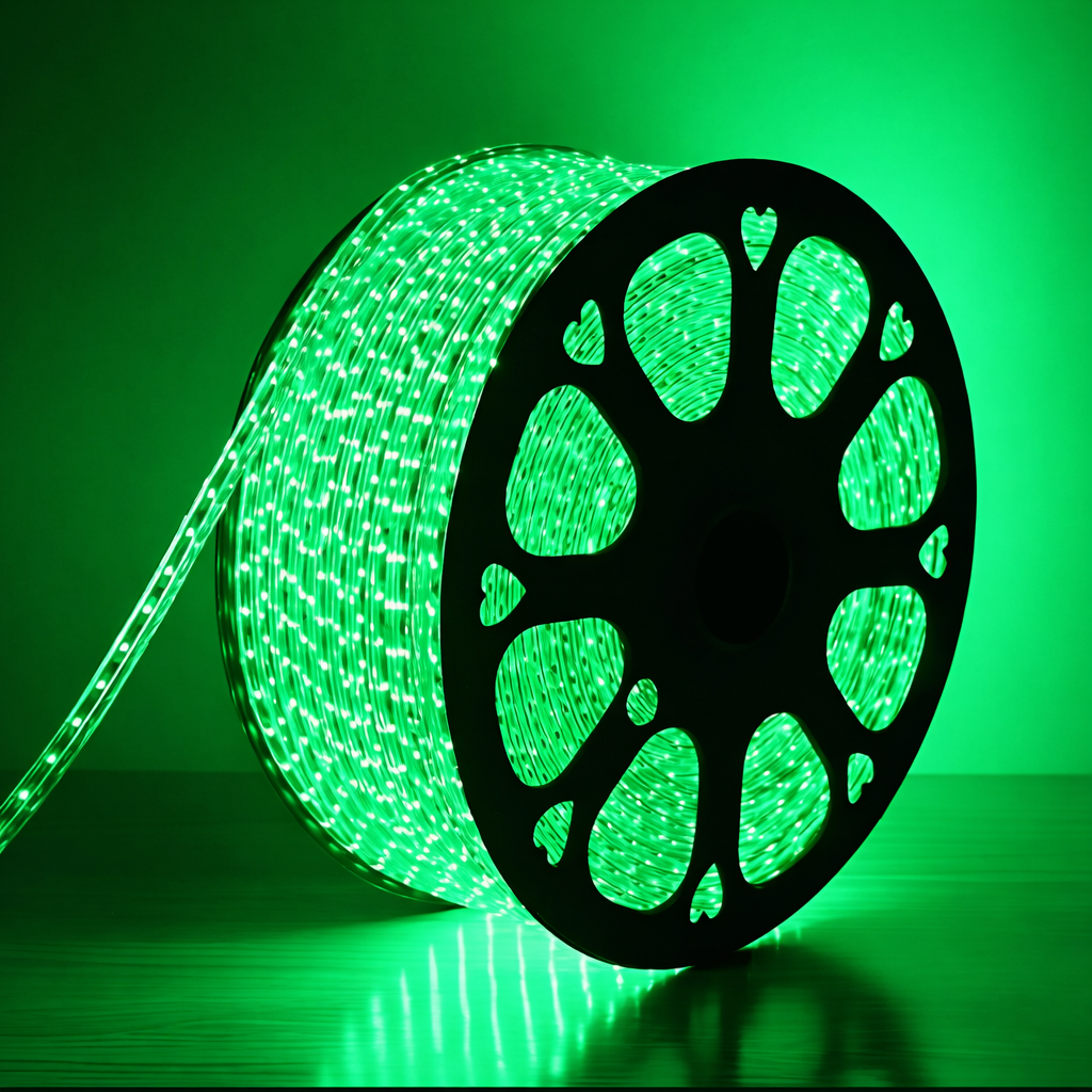 Spool of green LED rope light on a green background