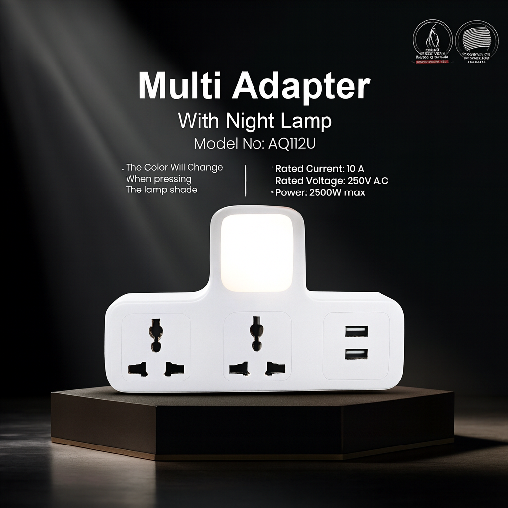 Compact 2500W multi-plug adapter for home and office use
