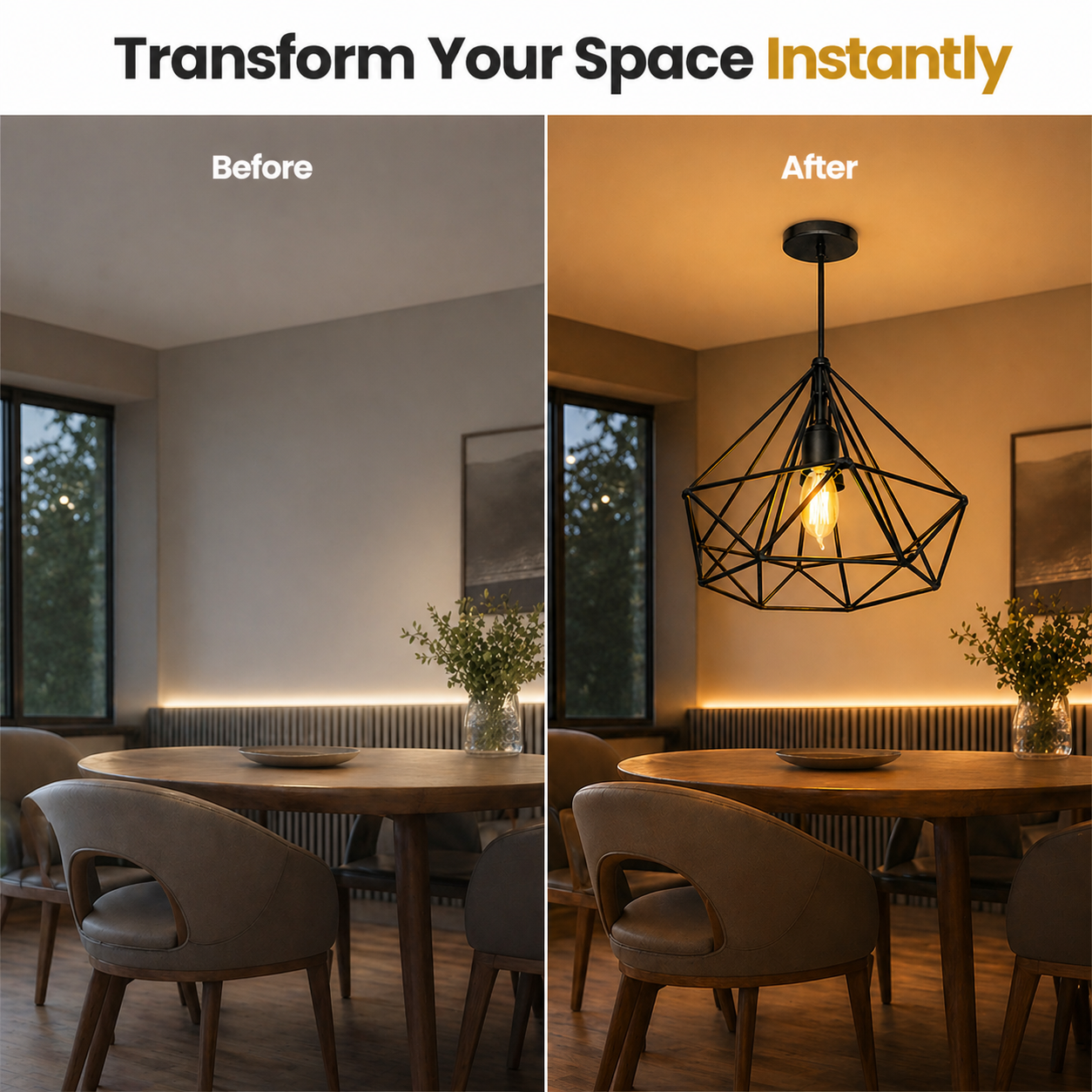 Dining room transformation before and after with a new chandelier.