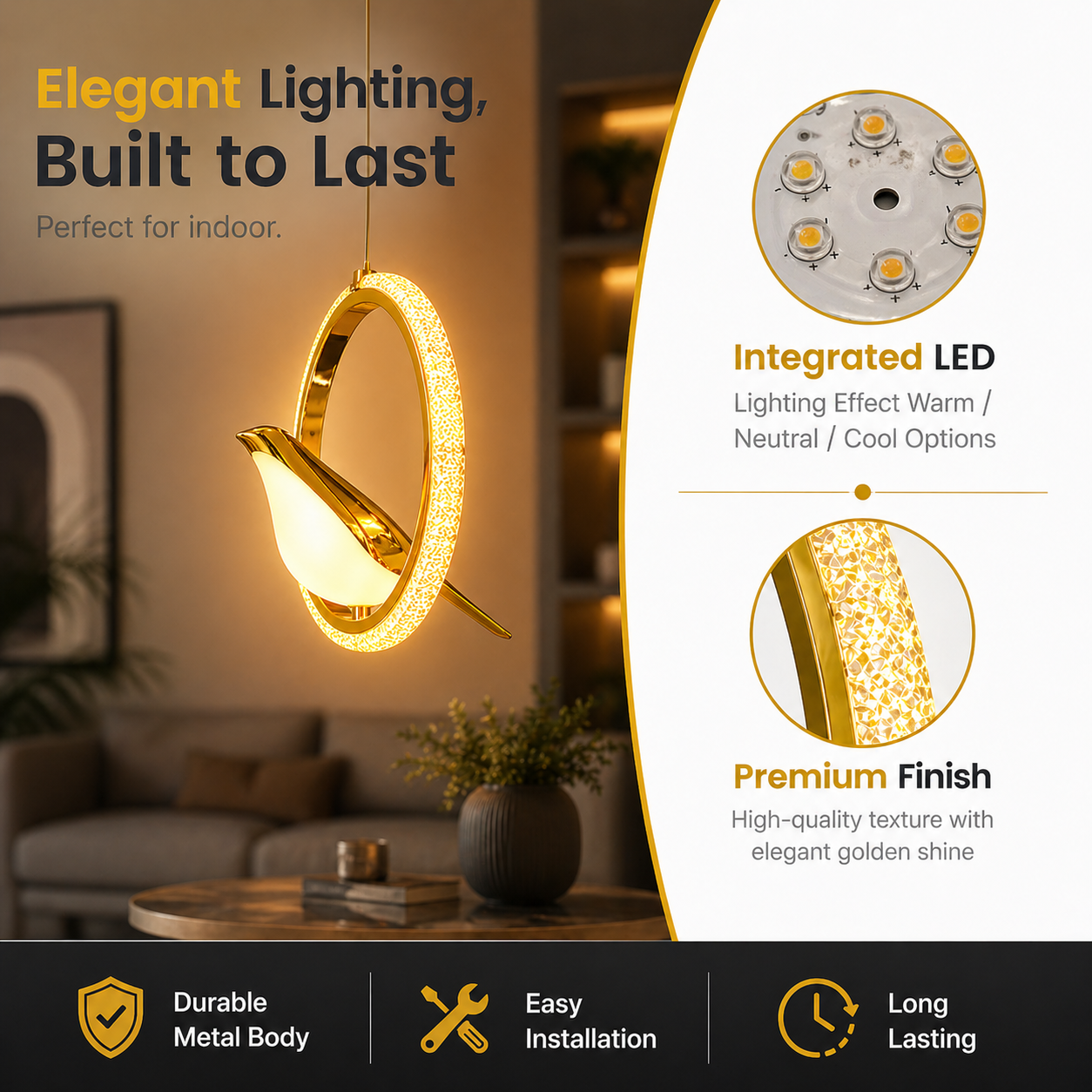 Modern pendant light with integrated LED features and text highlighting its qualities.