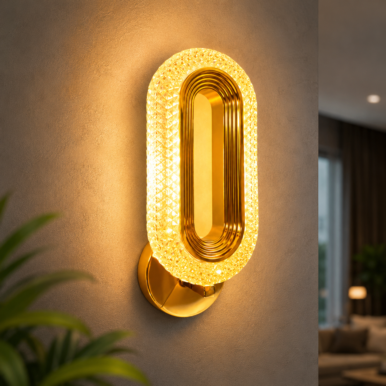Gold Crystal LED Wall Light Metal Oval Design Luxury Glow