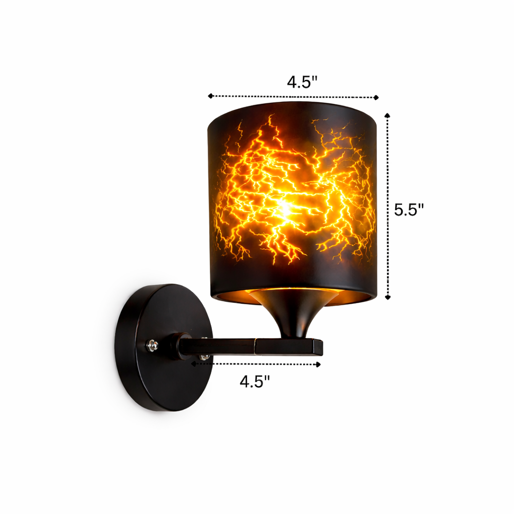 Wall-mounted lamp with decorative black shade and fiery design, dimensions indicated.