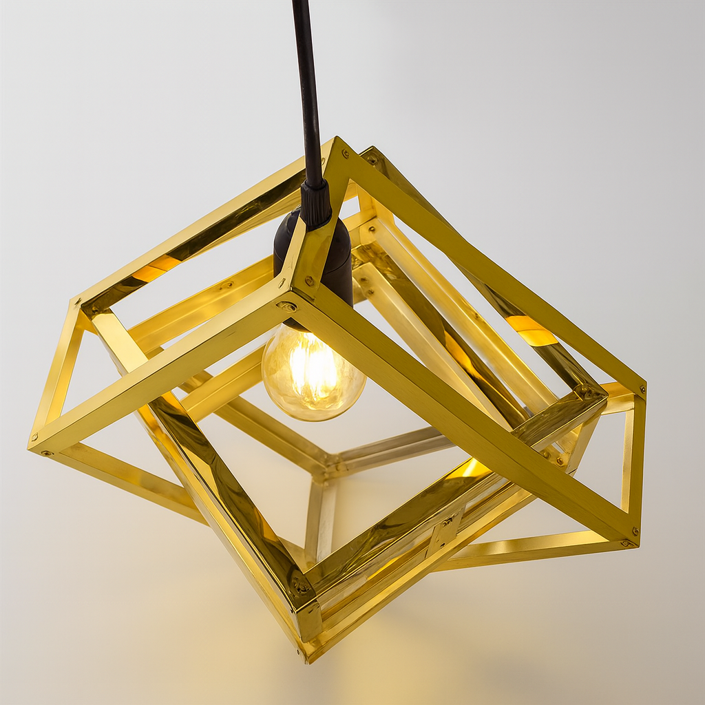 Modern metal chandelier with geometric pattern and warm glow