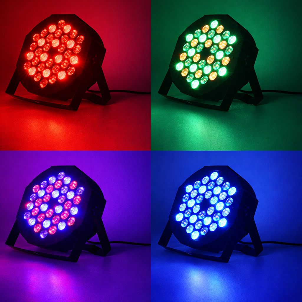 LED light fixture showing red, green, purple, and blue colors on a four-square grid.