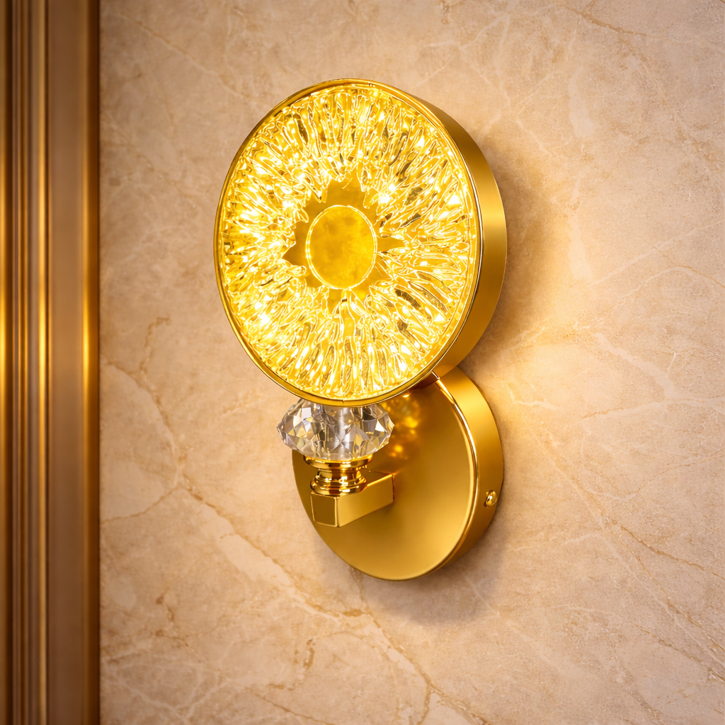 modern gold crystal wall light mounted on luxury marble wall
