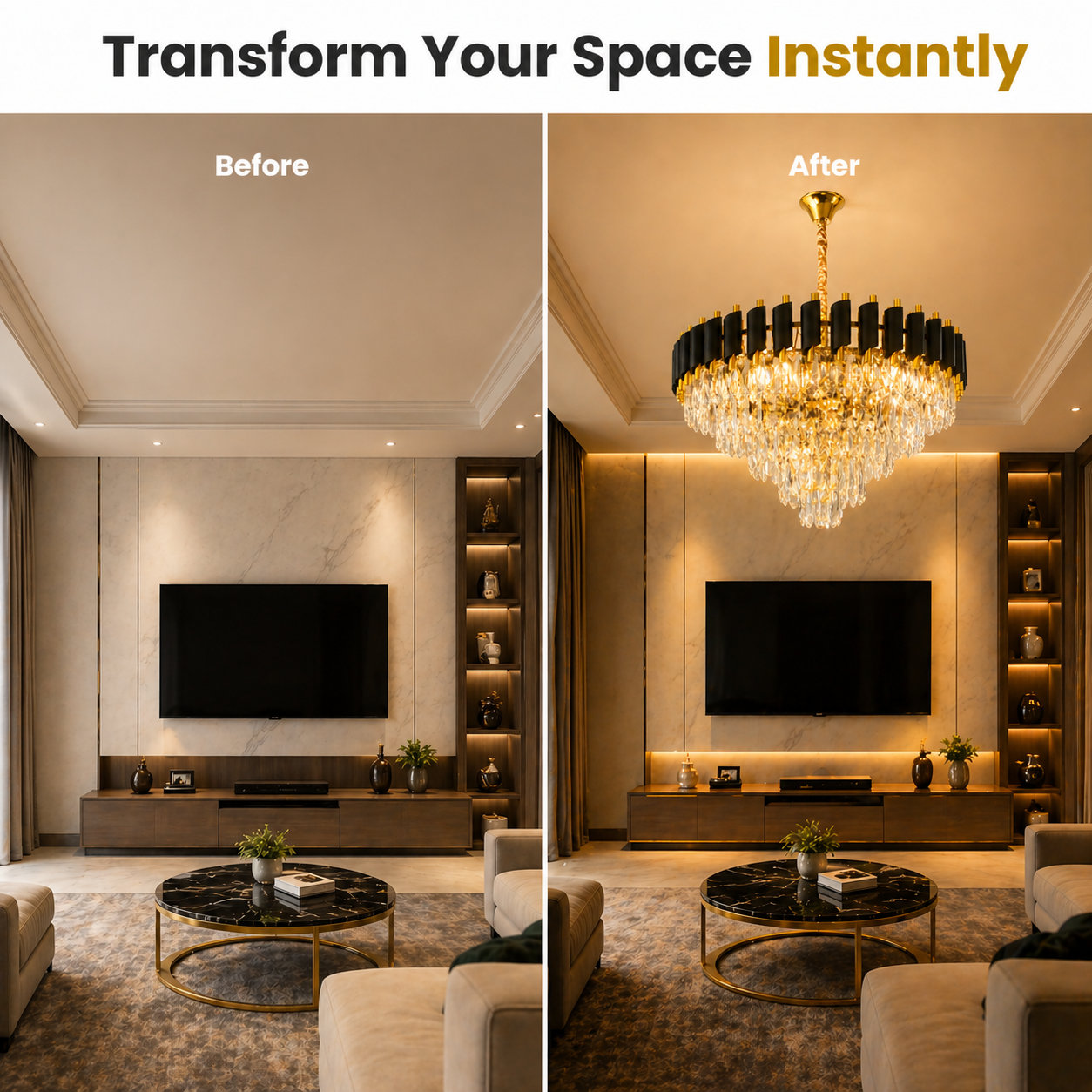 Before and after comparison of a living room with a chandelier added.