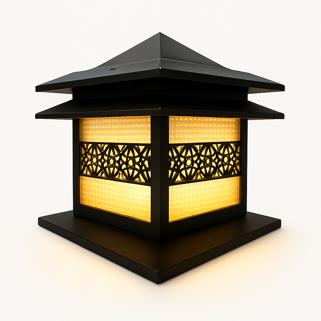 Decorative outdoor light fixture with a black roof and yellow interior on a white background