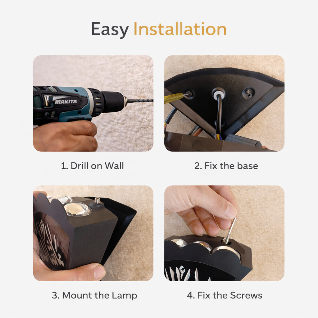 Step-by-step installation guide for a lamp with Makita drill on a light gray background