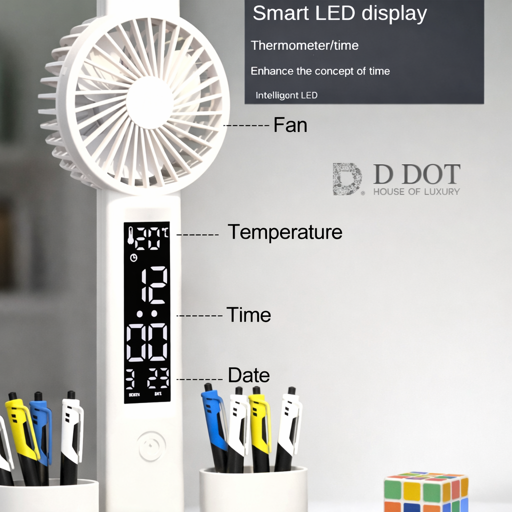 White fan with digital display showing time, temperature, and date, featuring the D Dot brand.