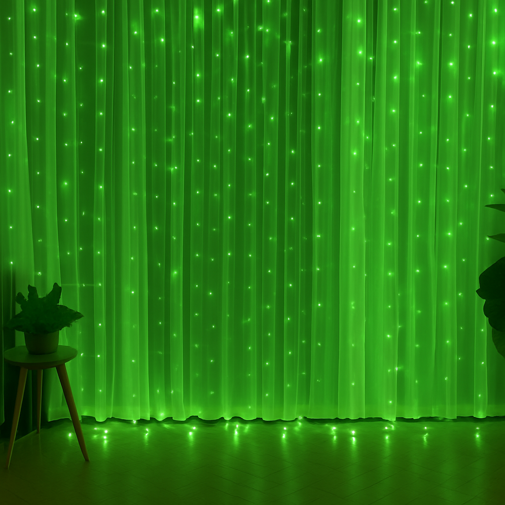 Green LED curtain with a plant and small table in front