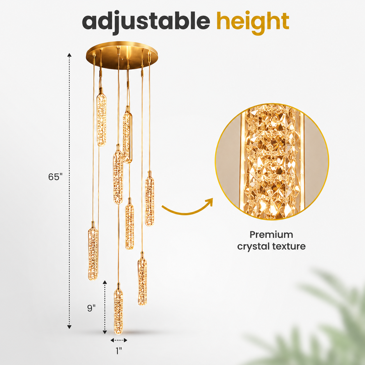 Gold chandelier with adjustable height feature and close-up of crystal texture on a white background.