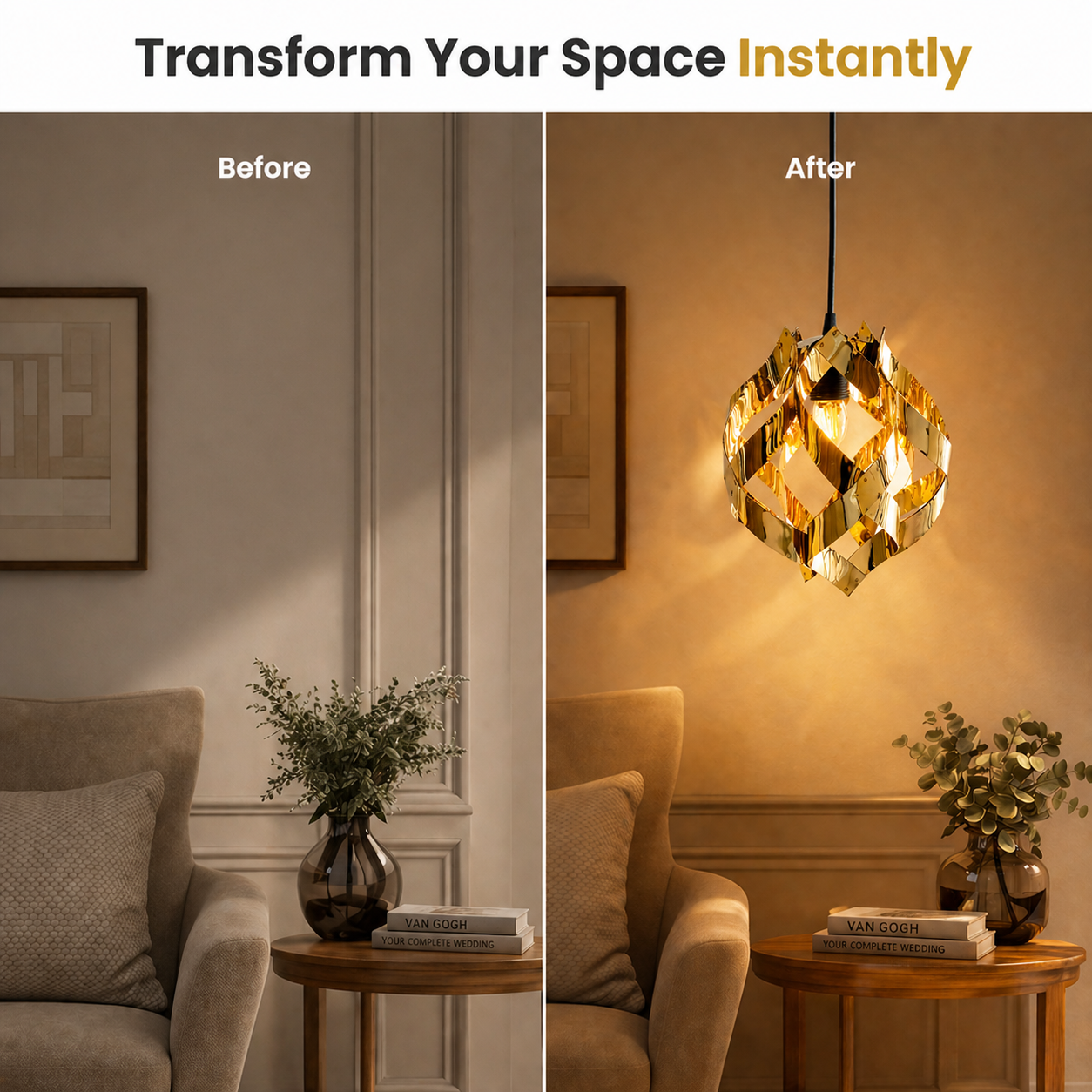 Before and after comparison of a living room with a new pendant light fixture.
