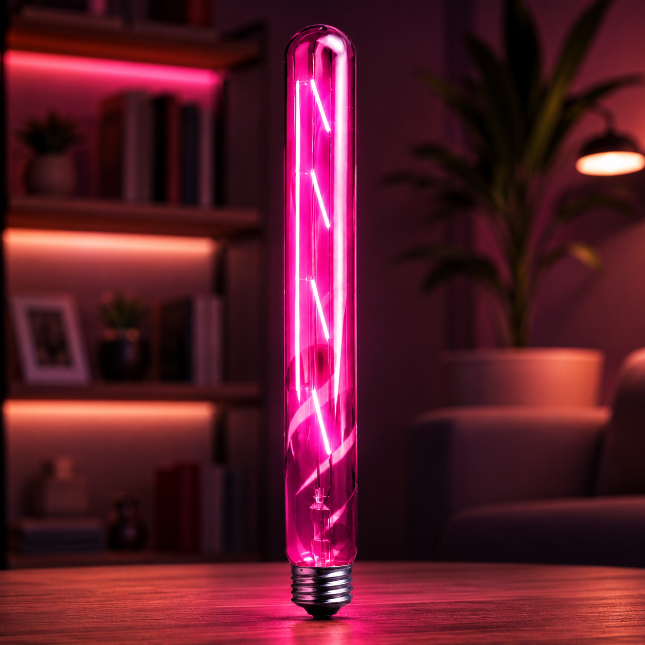 Pink neon light bulb on a wooden surface with a blurred indoor background