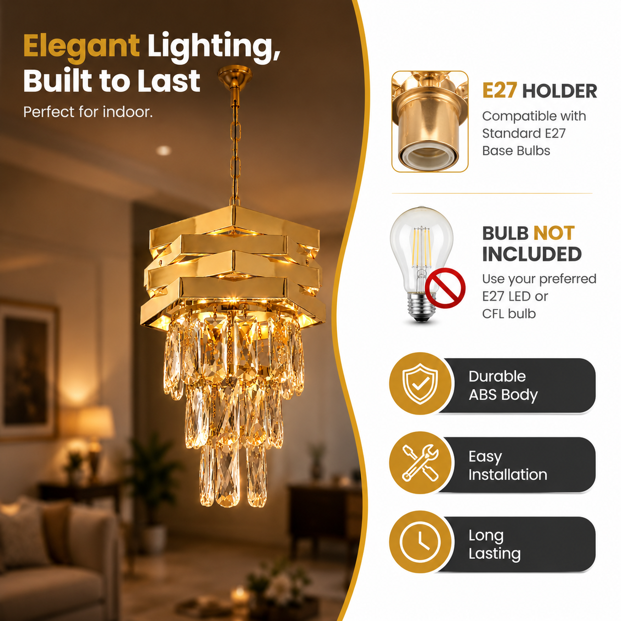 Gold chandelier with product features on a blurred indoor background